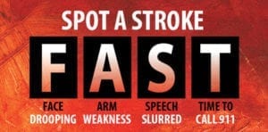 Spot a Stroke F.A.S.T. - Face Drooping, Arm Weakness, Speech Slurred, Time to Call 911.