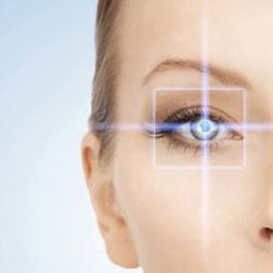 Digital white square and cross of blue light over a woman's eye.